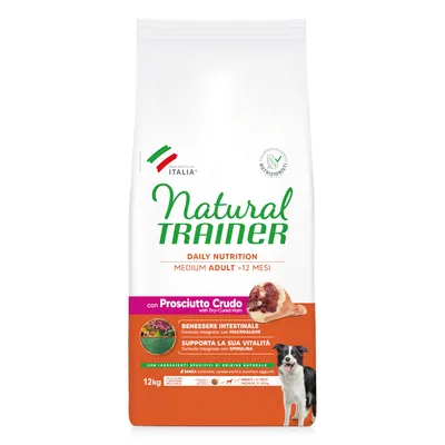 Natural Trainer Daily Nutrition Medium Adult >12 meses con prosciutto crudo, 12 kg. Favorece la vitalidad con espirulina y la salud intestinal con macroalgas. Sin colorantes ni conservantes.
