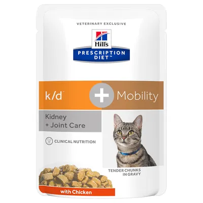 Hill's Prescription Diet k/d + Mobility Kidney + Joint Care våtfoder för katt, med kyckling. Bild på katt och foderbitar i sås. Text: Clinical Nutrition, Tender Chunks in Gravy.
