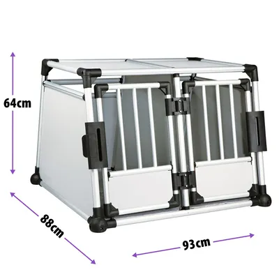 Transportbur i metall med måtten: höjd 64 cm, bredd 93 cm, djup 88 cm. Dubbeltdörrsdesign med svarta och silverfärgade detaljer.