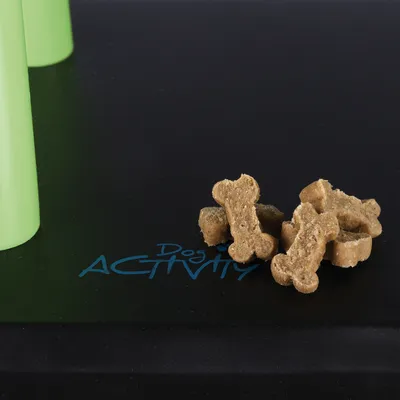 Hondenkoekjes in botvorm op zwart oppervlak met zichtbaar merk Dog Activity, naast groene kunststof onderdelen.