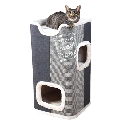 Cat tree with grey fabric cover, two caves and 'home sweet home' lettering. Cat sitting on top platform.