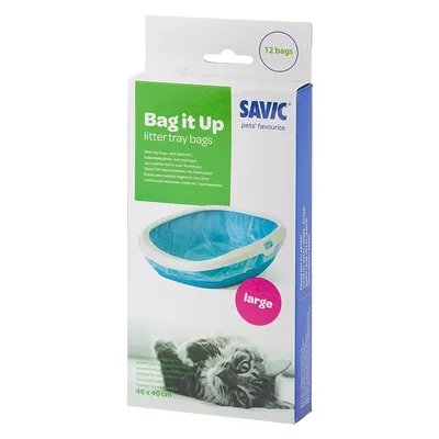 Savic Bag it Up litter tray bags, 12 poser, large, 46 x 40 cm. Billede af blå kattebakke med pose og liggende kat. Synlig tekst: 'Bag it Up', 'litter tray bags', 'large'.