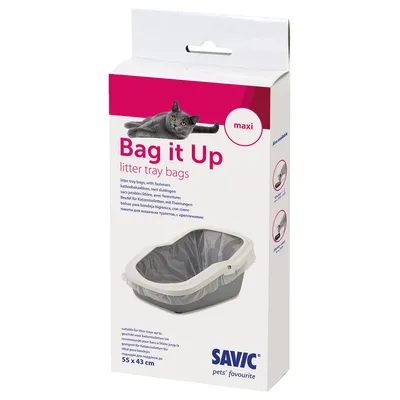 Savic Bag it Up litter tray bags maxi, 55 x 43 cm. Kattebakkeposer med lukning. Billede af kat og bakke med pose. Tekst på flere sprog synlig på emballagen.