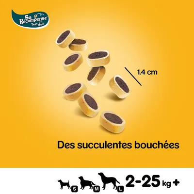 Sa Récompense Tasty Minis, bouchées de 1,4 cm, texte : Des succulentes bouchées, silhouettes de chiens tailles S à L, indication 2–25 kg+