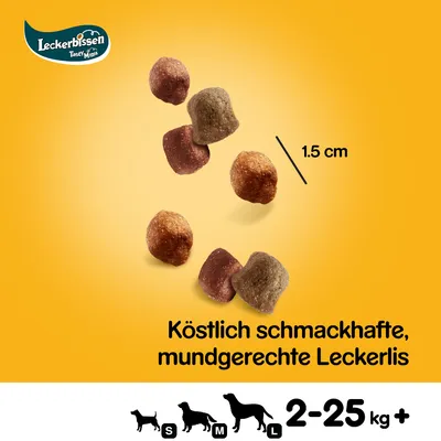 Leckerbissen Tasty Minis, priboljški velikosti 1,5 cm, primerni za pse od 2 do 25 kg v velikostih S, M in L.
