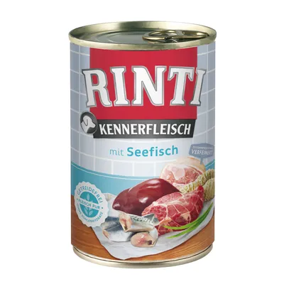 RINTI Kennerfleisch mit Seefisch, getreidefrei, Fleisch pur, ohne Kohlenhydrate. Abgebildet sind Stücke von Fisch, Fleisch und Innereien.