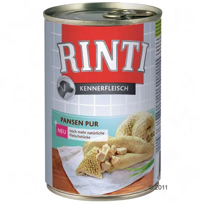 Lata de Rinti Kennerfleisch Pansen Pur. Texto visible: 'NEU noch mehr natürliche Fleischstücke'. Imagen de trozos de carne en la etiqueta.