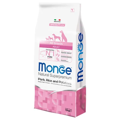 Monge Natural Superpremium Adult All Breeds, cerdo, arroz y patatas. Hecho en Italia, línea especial. Primer ingrediente: cerdo. Tamaño del paquete: 12 kg.