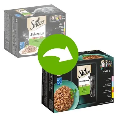 Verpakking Sheba Selection natvoer voor katten, 12 x 85 g. Afbeelding toont oude en nieuwe verpakking met groene pijl ertussen. Zichtbare tekst: 'in Sauce', 'Geflügel', 'Selection'.