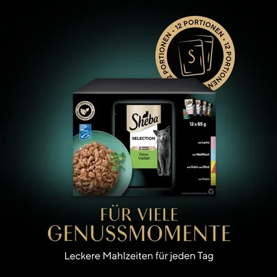 Sheba Selection in Sauce, Feine Vielfalt. 12 Portionen à 85g mit Lachs, Weissfisch, Huhn und Rind. Für viele Genussmomente. Leckere Mahlzeiten für jeden Tag.