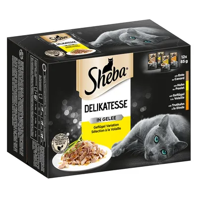 Sheba Delikatesse v žele, perutninska različica. Paket z 12x85g porcijskimi vrečkami. Okusi: raca, piščanec, puran. Z naravnimi sestavinami in garancijo kakovosti.