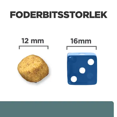 Foderbitsstorlek: foderbit 12 mm bredvid blå tärning 16 mm. Visuell jämförelse av storlekar för att underlätta val av foder.