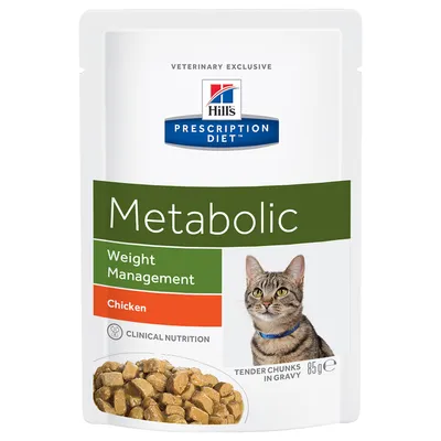 Hill's Prescription Diet Metabolic Weight Management Chicken pour chat, sachet de 85 g, morceaux en sauce, photo d’un chat et croquettes visibles sur l’emballage.