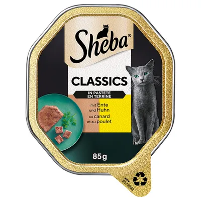 Sheba Classics in pâté with duck and chicken, 85g. Packaging shows a grey cat and served pâté pieces on a plate.