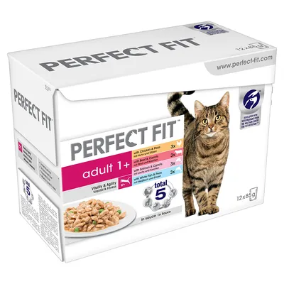 Perfect Fit Adult 1+ kissanruoka, vitaliteetti ja kunto, 12x85g kastikkeessa. Lajit: kana ja herneet, naudanliha ja porkkanat, lohi ja kesäkurpitsa, valkoinen kala ja herneet.