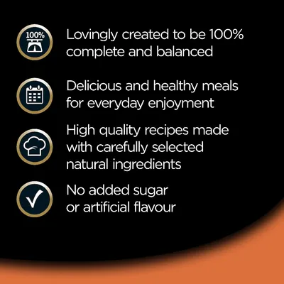 Lovingly created to be 100% complete and balanced. Delicious and healthy meals for everyday enjoyment. High quality recipes made with carefully selected natural ingredients. No added sugar or artificial flavour. Teksti englanniksi.