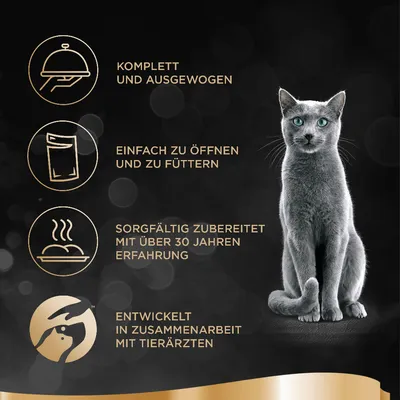 Текст на немецком: komplett und ausgewogen, einfach zu öffnen und zu füttern, sorgfältig zubereitet mit über 30 Jahren Erfahrung, entwickelt in Zusammenarbeit mit Tierärzten.