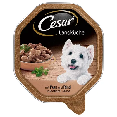 Cesar Landküche, mit Pute und Rind in köstlicher Sauce. Imagine cu bol de hrană umedă și un câine alb pe ambalaj. Textul este în limba germană.
