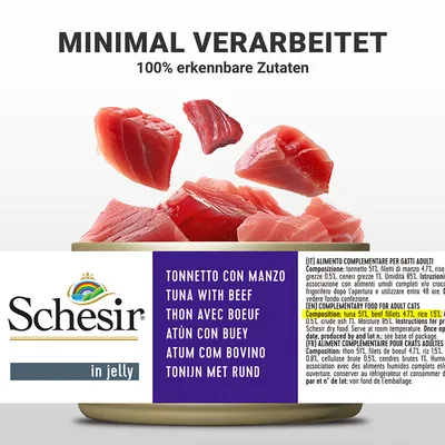 Schesir in Jelly, tuna z govedino. Minimalno predelano, 100 % prepoznavne sestavine. Sestava: tuna 51 %, govedina 47 %, riž 1,5 %. Dopolnilna hrana za odrasle mačke.