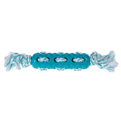 Spielzeug aus blauem Kunststoff mit geflochtenem Seil in Weiss und Blau, geeignet für Zieh- und Kauaktivitäten.