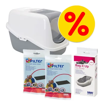 Kattenbak met deksel, 2 verpakkingen Savic Cat Toilet Home Filter en een doos Savic Bag it Up litter tray bags maxi 55×43 cm. Gele kortingscirkel met rood procentteken zichtbaar.