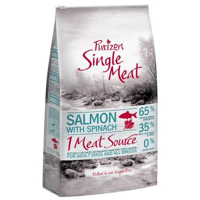 Purizon Single Meat alimento secco per cani, varietà salmone con spinaci. 65% ingredienti animali, 35% verdure ed erbe, 0% cereali. Per cani adulti di tutte le razze.