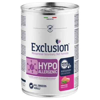 Exclusion Monoprotein Veterinary Diet Formula, HYPOALLERGENIC, MONOPROTEIN, Pork & Pea Maiale & Piselli, supporto nutrizionale per cani con intolleranze alimentari, adulti tutte le razze.