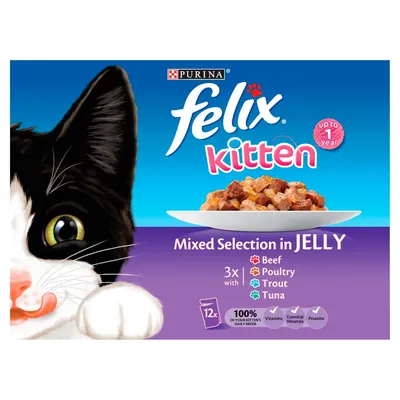 Felix Kitten Mixed Selection in Jelly, up to 1 year, includes beef, poultry, trout and tuna, 12 pouches, provides vitamins, essential minerals and proteins.
