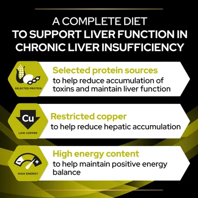 Complete diet for chronic liver insufficiency: selected protein sources to reduce toxins, restricted copper to lower hepatic accumulation, high energy content for positive energy balance.