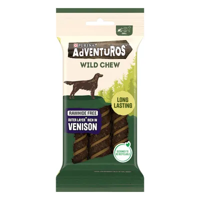 AdVENTuROS Wild Chew, rawhide free, outer layer rich in venison, long lasting, designed to be recyclable. Small size indicated on packaging.
