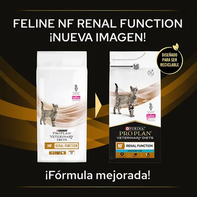 Comparativa de envases de Purina Pro Plan Veterinary Diets Feline NF Renal Function, nueva imagen y mensaje: diseñado para ser reciclable. Texto: ¡Fórmula mejorada!