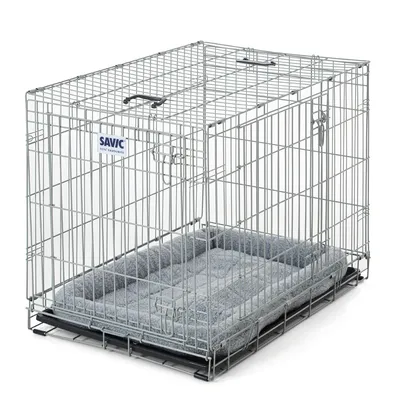 Savic Metallkäfig mit grauem Polsterbett, rechteckige Form, Gitterdesign und zwei Verschlüssen.