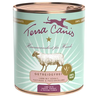 Terra Canis Hausmannskost für Hunde, getreidefrei, janjetina s bundevom, pastrnjakom i pasiflorom, 100% Natur. Tekst na njemačkom i engleskom jeziku.