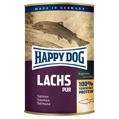 Lata de comida para perros Happy Dog Lachs Pur, Supreme Sensible, 100% tierisches Protein, Made in Germany. Texto visible: Salmon, Saumon, Salmone.
