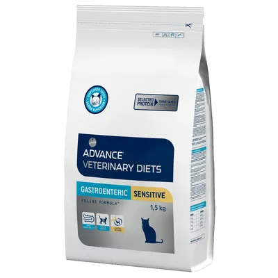 Advance Veterinary Diets Gastroenteric Sensitive Feline Formula, 1,5 kg. Selected Protein: Turkey & Pea. Symboler för matsmältning, viktkontroll och kattlåda synliga.