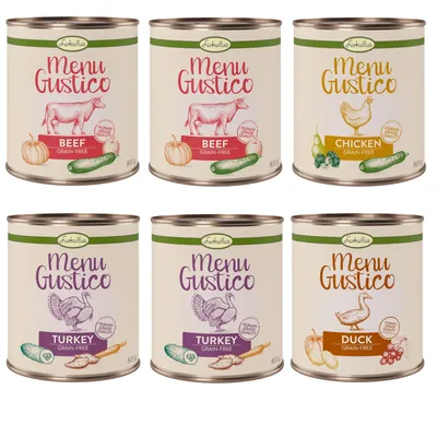 Lukullus Menu Gustico wet food, varieties: beef, chicken, turkey, duck. Human Grade Quality, grain-free, 800g cans.