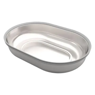 Ovale voerbak van metaal, zilverkleurig, zonder merknaam of decoratie zichtbaar.