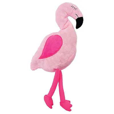 Plüschspielzeug in Form eines rosa Flamingos mit pinkem Herzmotiv und langen Stoffbeinen.