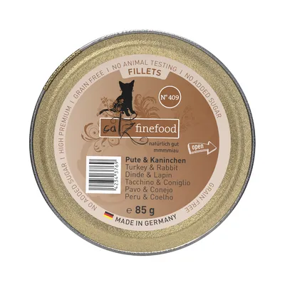 Catz finefood Fillets Nr. 409, indyk i królik, 85g, wyprodukowano w Niemczech, bez cukru, bez zbóż, bez testów na zwierzętach.