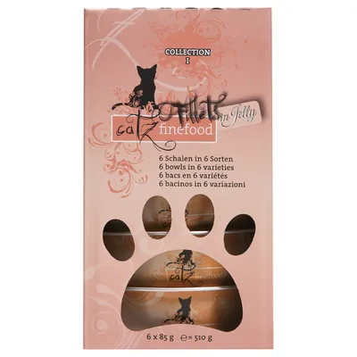 Опаковка catz finefood Fillets in Jelly Collection I, 6 купички в 6 разновидности, 6 × 85 г, общо 510 г. Видими са част от купичките през прозорец с форма на лапа.