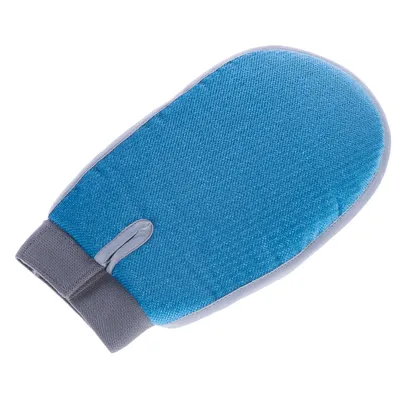 Blaue Pflege-Handschuh mit grauem elastischem Bündchen, geeignet für Fellpflege.