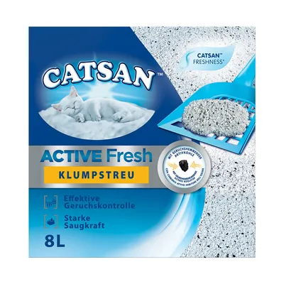 Catsan Active Fresh Klumpstreu, 8L. Mit geruchshemmender Aktivkohle, effektive Geruchskontrolle, starke Saugkraft. Catsan Freshness Logo und Bild von Streu auf Schaufel.