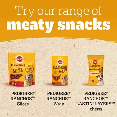 Pedigree Ranchos Slices, Wrap és Lastin' Layers csirkével. Háromféle húsos snack, mindegyik csomagoláson jól látható a termék neve és a gramm, mennyiség feltüntetése.