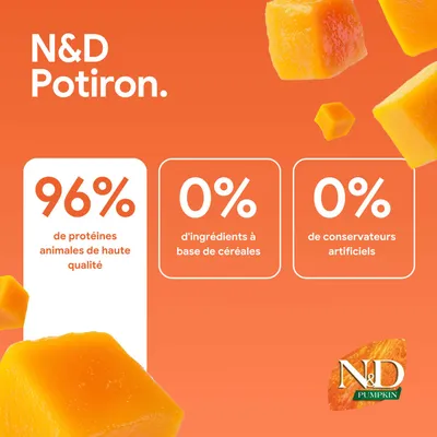 N&D Potiron. 96 % de protéines animales, 0 % d’ingrédients céréaliers, 0 % de conservateurs artificiels. Logo N&D Pumpkin visible.
