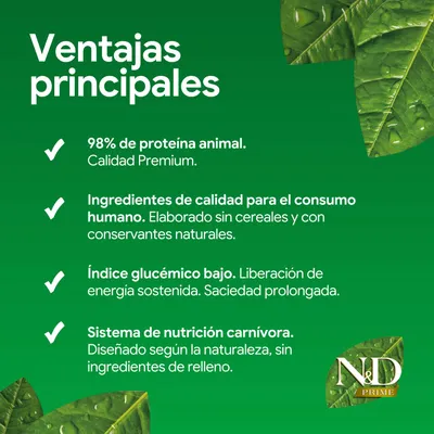 Principales ventajas: 98% de proteína animal, calidad premium, ingredientes de alta calidad sin cereales y con conservantes naturales, bajo índice glucémico, sin rellenos. Principales ventajas: 98% de proteína animal, calidad premium, ingredientes de alta calidad sin cereales y con conservantes naturales, bajo índice glucémico, sin rellenos.
