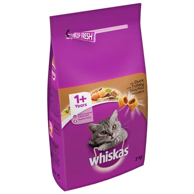 Whiskas tørfoder til kat, 2 kg. Synlig tekst: 1+ Years, Duck and Turkey Tasty Filled Pockets, 100% Complete & Balanced, Healthy Teeth, ZIP FRESH.