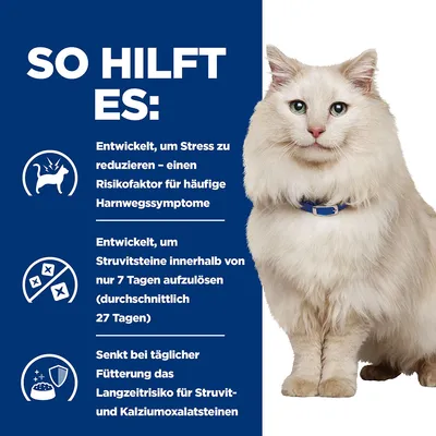 So hilft es: Reduziert Stress, einen Risikofaktor für Harnwegssymptome. Löst Struvitsteine in 7 Tagen auf. Senkt Langzeitrisiko für Struvit- und Kalziumoxalatsteine bei täglicher Fütterung.