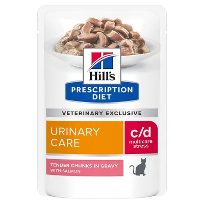 Hill's Prescription Diet Urinary Care c/d Multicare Stress, tender chunks in gravy with salmon. Veterinary exclusive. Packaging shows cat food in sauce.