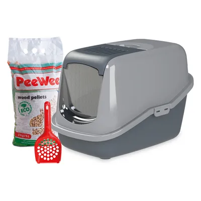 PeeWee Katzentoilette mit grauem Deckel, Beutel PeeWee Holzpellets 3kg/5L und rote Streuschaufel. Umweltfreundlich, 100% biologisch abbaubar.