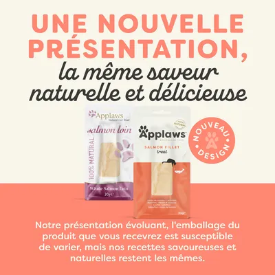Une nouvelle présentation, la même saveur naturelle et délicieuse. Applaws salmon loin et salmon fillet treat, 30g. Nouveau design. L’emballage peut varier, recette inchangée.